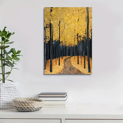 Vibrant Golden Forest Path with Tall Trees Painting 40x60cm Metal Print Ready to Hang