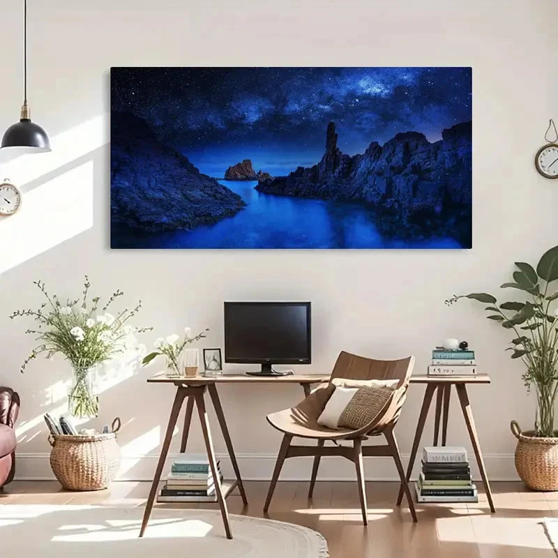 Ocean Rocks Blue Landscape Wall Art Canvas Office Home Room Framed 120x60cm