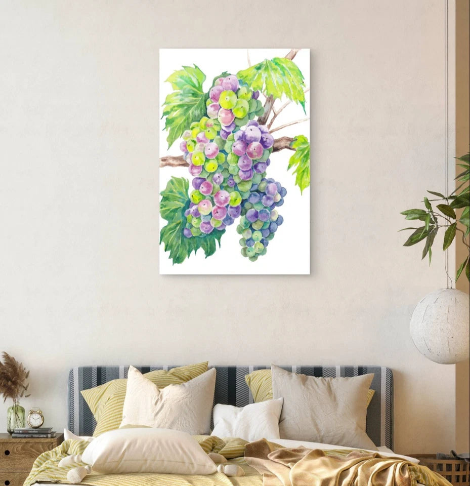 Lush Watercolour Grape Cluster and Vine 40x60cm Metal Print Ready to Hang