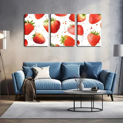 3pcs Vibrant Red Strawberries with Green Leaves Wall Art Set Canvas Unframed - High Quality Print 100% Australian Made Wall Canvas