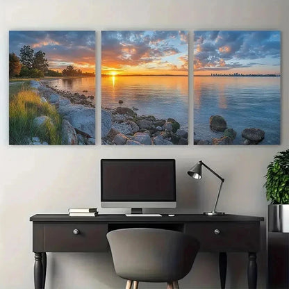 3pcs Sunrise Over Matilda Bay Nature Perfect Wall Art Set Canvas Framed 50x70cm - High Quality Print 100% Australian Made Wall Canvas Ready to Hang