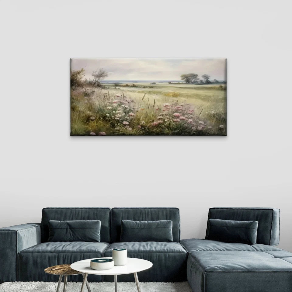 Flowers Field Nature Retro Wall Art Canvas Office Home Room Framed 120x60cm