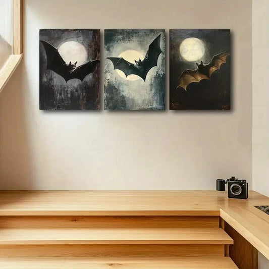 3pcs Bat Design, Moonlit Sky BM Wall Art Set Canvas Framed 50x70cm - High Quality Print 100% Australian Made Wall Canvas Ready to Hang