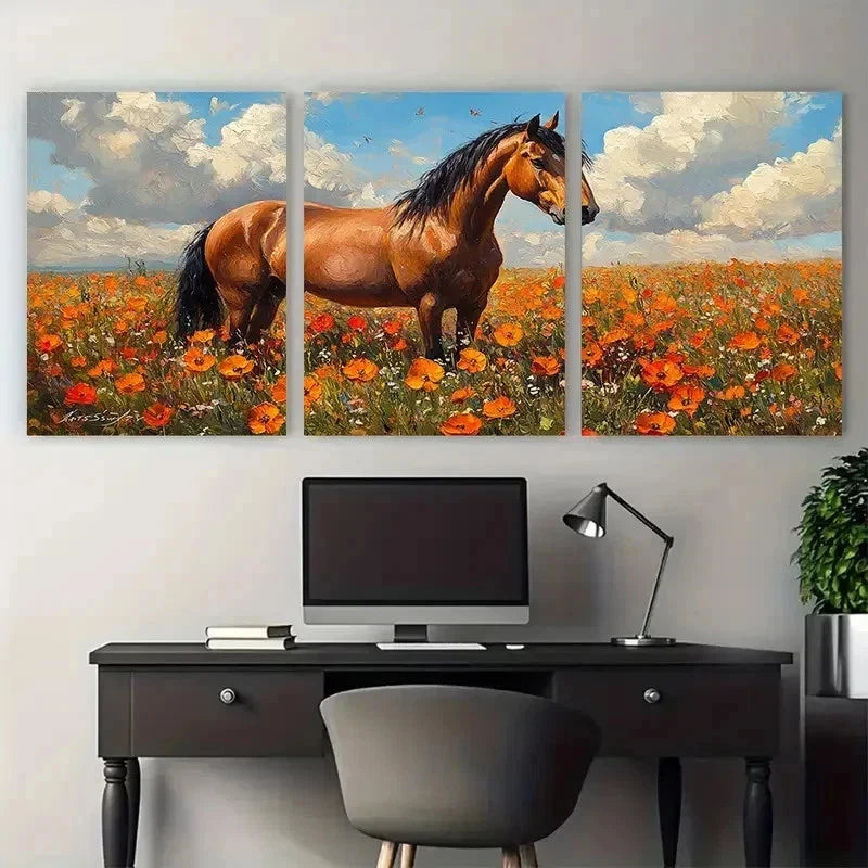 3pcs Horse Portrait Oil Painting Rural Perfect Wall Art Set Canvas Framed 50x70cm - High Quality Print 100% Australian Made Wall Canvas Ready to Hang