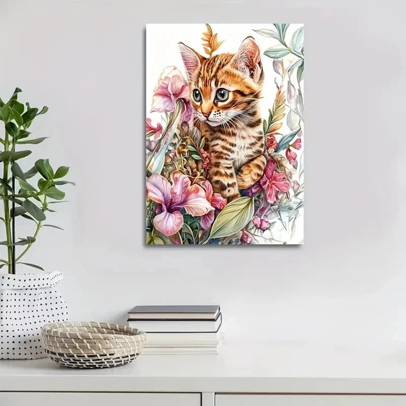 Flowers And Plants Cute Bengal Kitten Painting  40x60cm Metal Print Ready to Hang