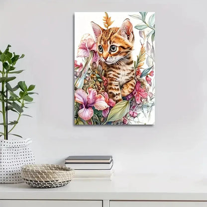 Flowers And Plants Cute Bengal Kitten Painting  40x60cm Metal Print Ready to Hang