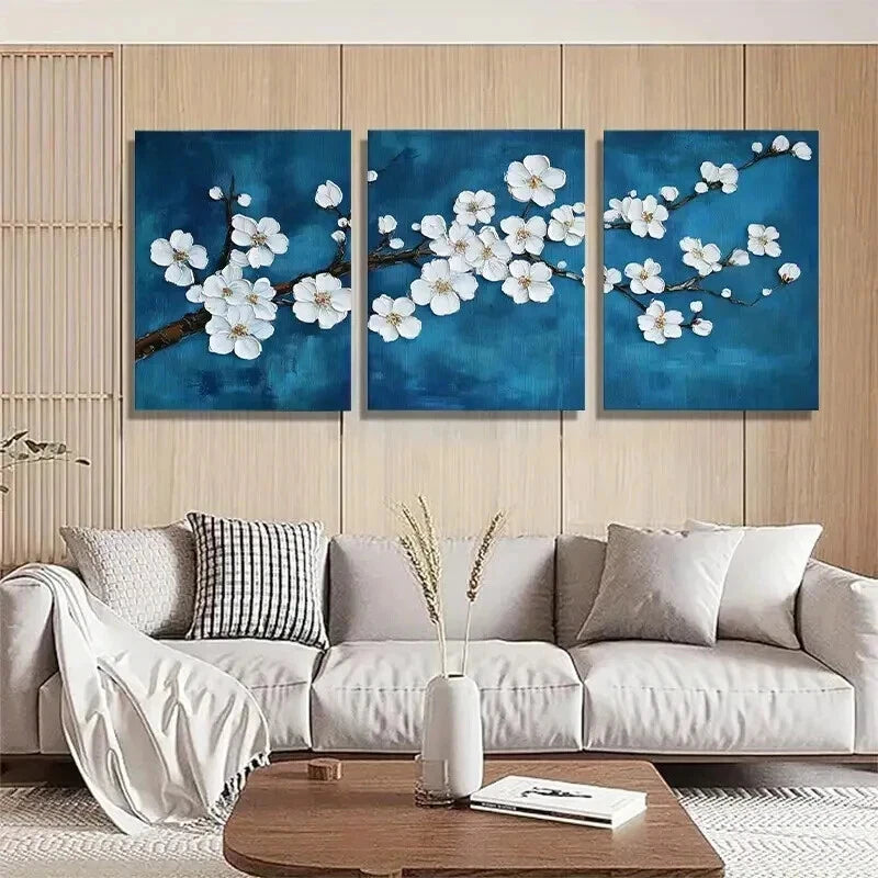 3pcs White Cherry Blossom Elegant Floral Perfect Wall Art Set Canvas Framed 50x70cm - High Quality Print 100% Australian Made Wall Canvas Ready to Hang