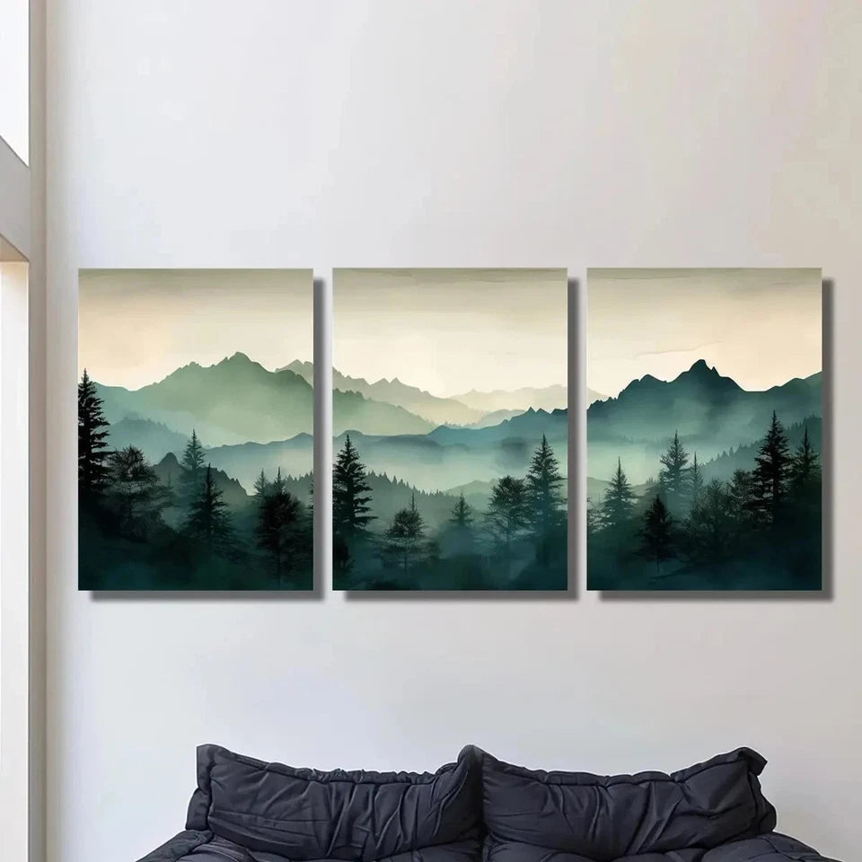 3pcs Green Mountains and Forest Metal Print Ready to Hang Art - Bella Home Decor