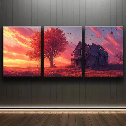 3pcs Rustic Dilapidated House Alone Sky Red Wall Art Set Canvas Unframed - High Quality Print 100% Australian Made Wall Canvas