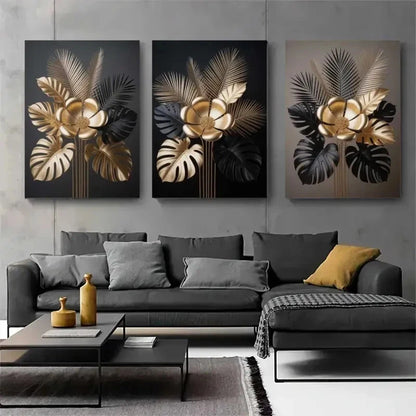 3pcs Golden Flowers Metallic Leaves Metal Print Ready to Hang Art - Bella Home Decor