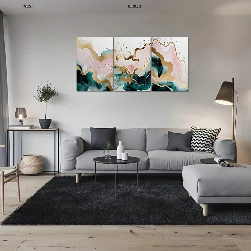 3pcs Abstract Watercolor Golden Accents Metal Print Ready to Hang Art - Bella Home Decor