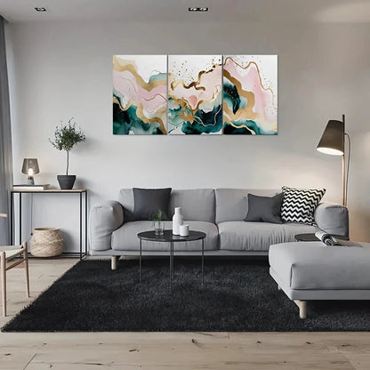 3pcs Abstract Watercolor Golden Accents Metal Print Ready to Hang Art - Bella Home Decor