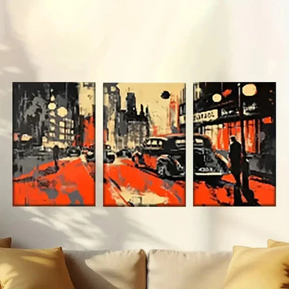 3pcs Vibrant City Street Scene with Cars & Neon Wall Art Set Canvas Unframed – High Quality Print 100% Australian Made Wall Canvas