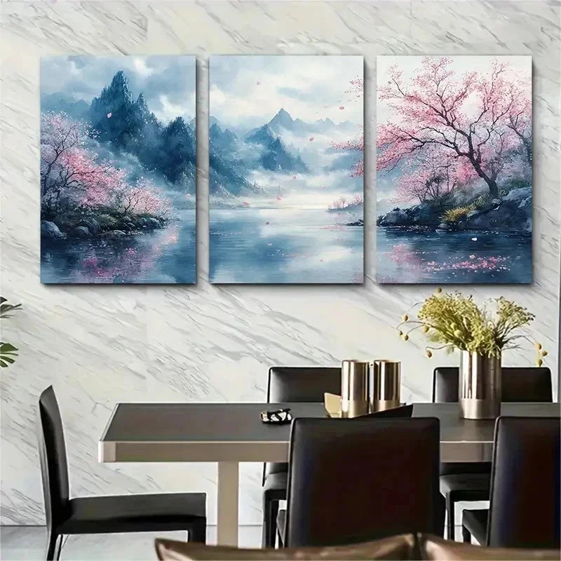 3pcs Landscape Misty River With Blooming Perfect Wall Art Set Canvas Framed 50x70cm - High Quality Print 100% Australian Made Wall Canvas Ready to Hang