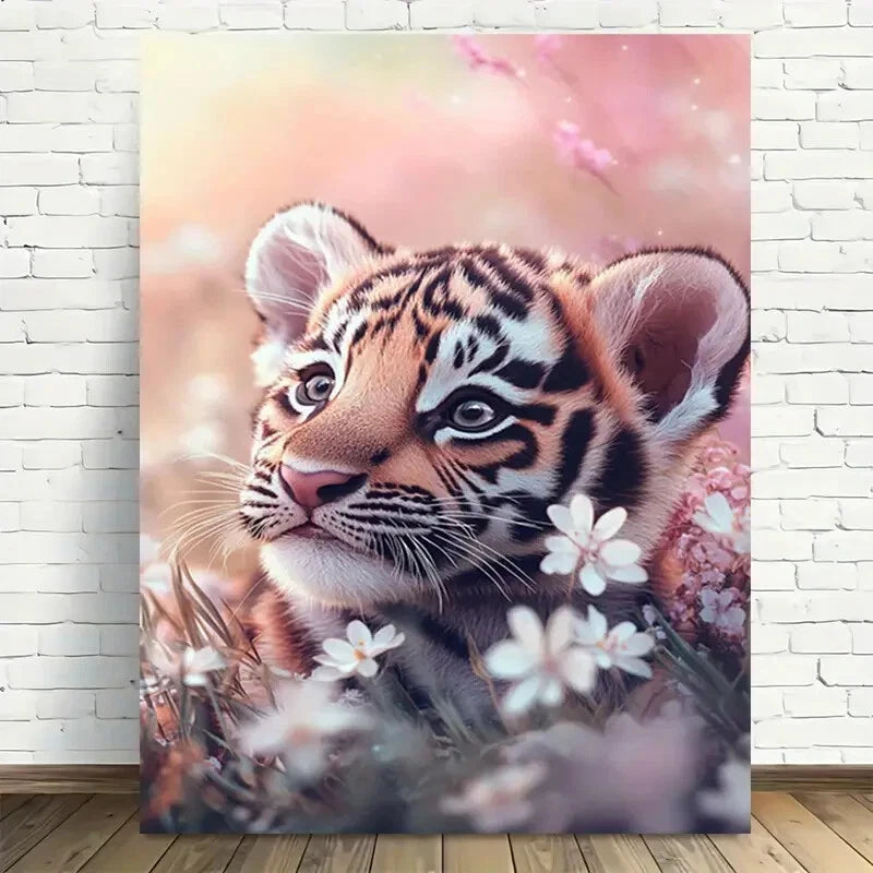 Beautiful Tiger Cub In Flowers Painting 40x60cm Metal Print Ready to Hang - Bella Home Decor