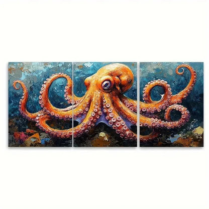 3pcs Dark Blue & Orange Sea Decor Octopus Q   Wall Art Set Canvas Framed 40x60cm - High Quality Print 100% Australian Made Wall Canvas Ready to Hang - Bella Home Decor
