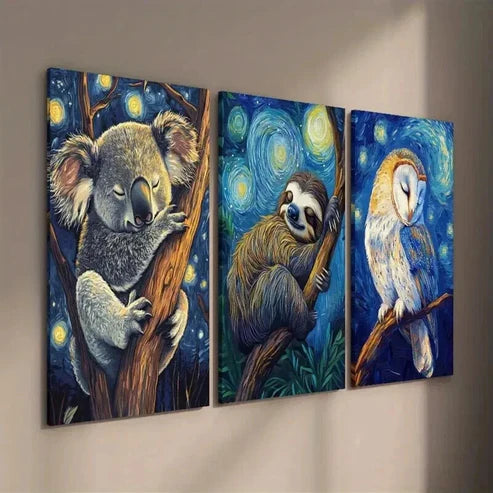 3pcs Koala Sloth Owl Sleeping in Starry Night  Wall Art Set Canvas Unframed - High Quality Print 100% Australian Made Wall Canvas