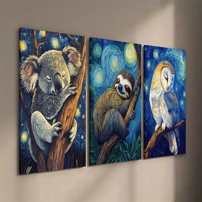 3pcs Koala Sloth Owl Sleeping in Starry Night  Wall Art Set Canvas Unframed - High Quality Print 100% Australian Made Wall Canvas