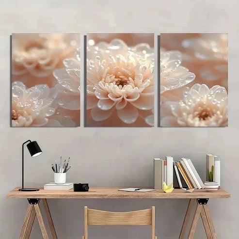 3pcs White Chrysanthemums with Water Droplets Wall Art Canvas Unframed - High Quality Print 100% Australian Made Wall Canvas