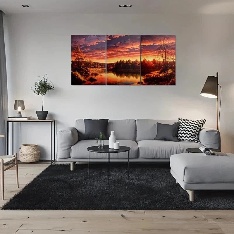 3pcs Sunset Lake Serene Nature Scene Earthy Tones Metal Print Ready to Hang Art
