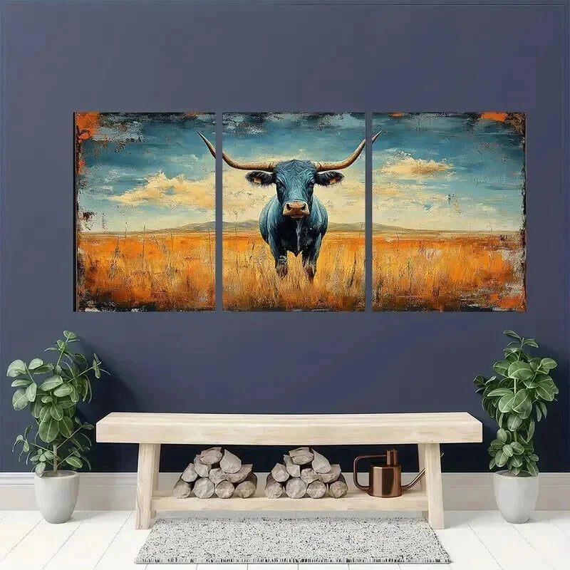 3pcs Rustic Cow in Blue & Orange Field Wall Art Set Canvas Framed 50x70cm - High Quality Print 100% Australian Made Wall Canvas Ready to Hang