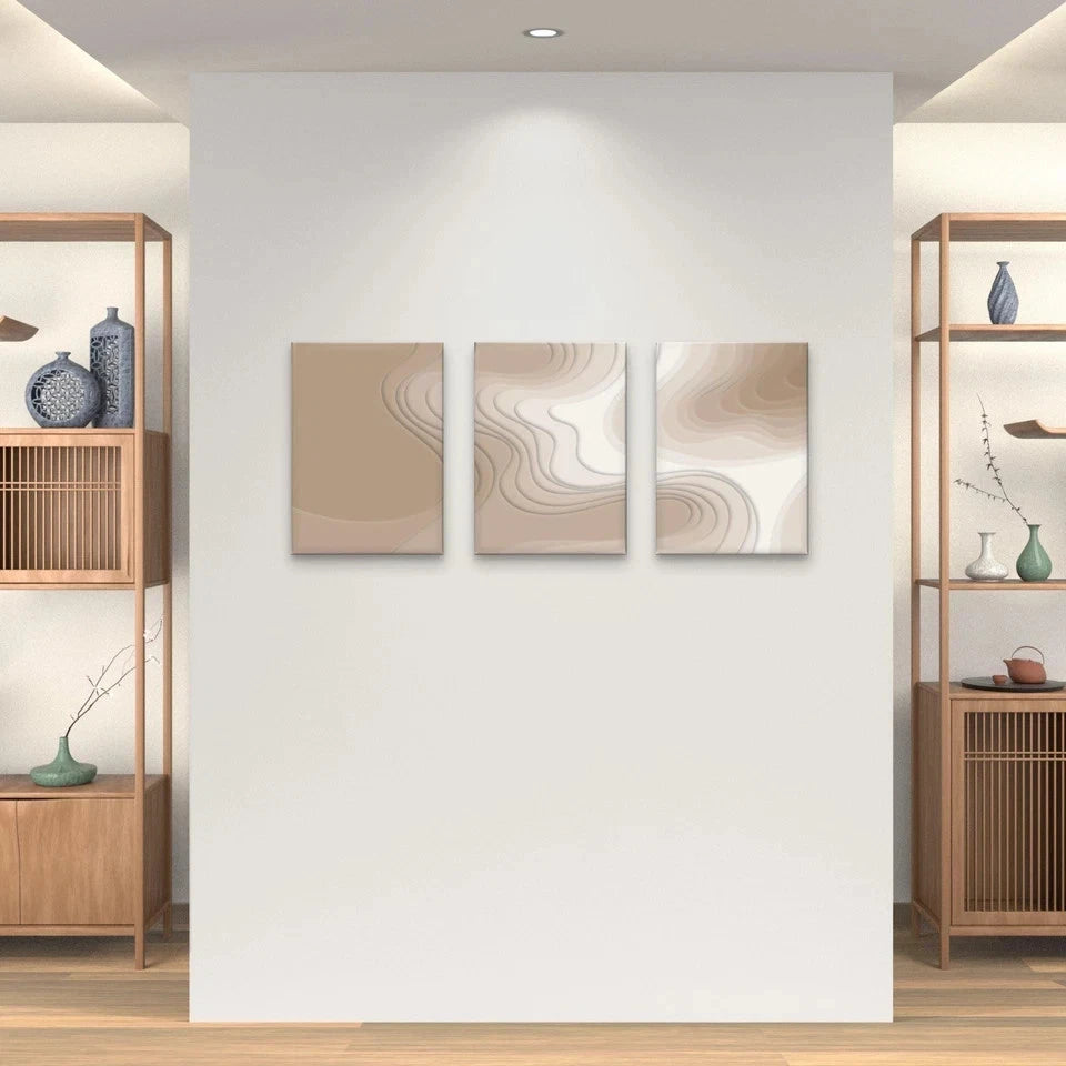3pcs Beige and Cream Abstract Layered Wall Art Set Canvas Framed 50x70cm - High Quality Print 100% Australian Made Wall Canvas Ready to Hang