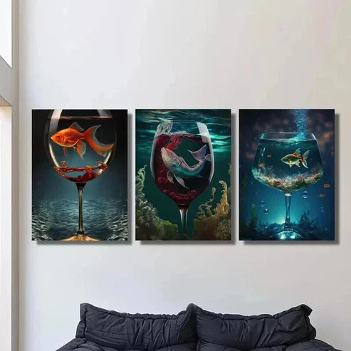3pcs Aquarium in a Wine Glass Sea Life Wall Art Canvas Unframed – High Quality Print 100% Australian Made Wall Canvas - Bella Home Decor