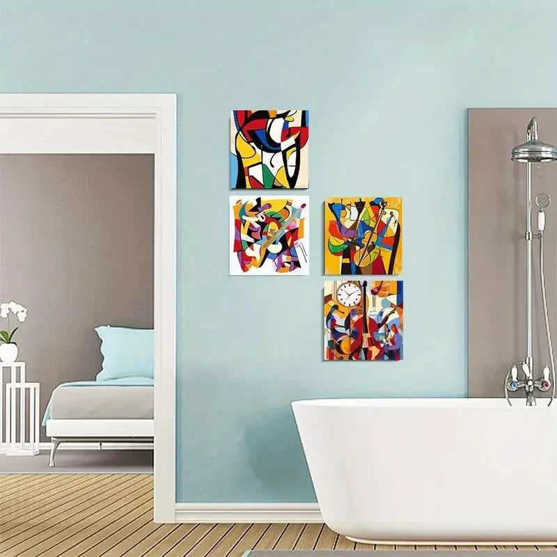 4pcs  Vibrant Geometric Shapes & Musical Instrume Wall Art Canvas Framed