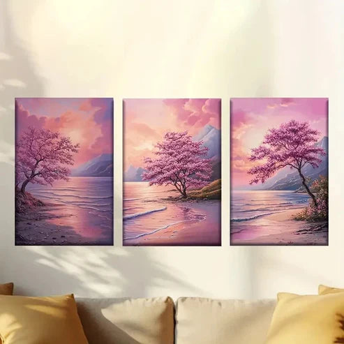 3pcs Sakura trees on the coast  Wall Art Set Canvas Unframed - High Quality Print 100% Australian Made Wall Canvas - Bella Home Decor