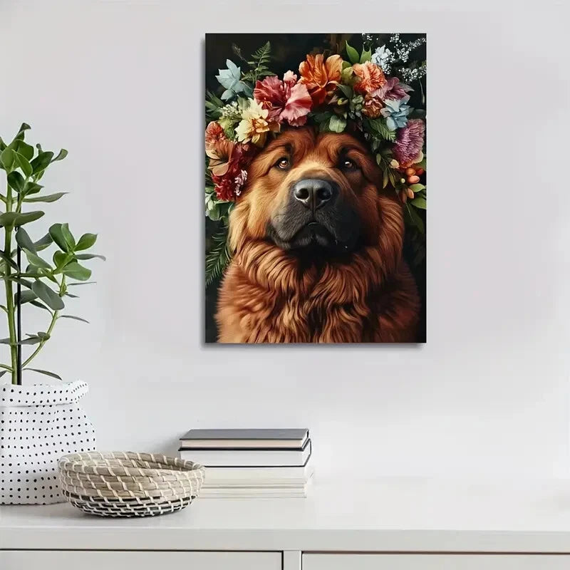 Cute Tibetan Mastiff with Vibrant Flower Crown 40x60cm Metal Print Ready to Hang