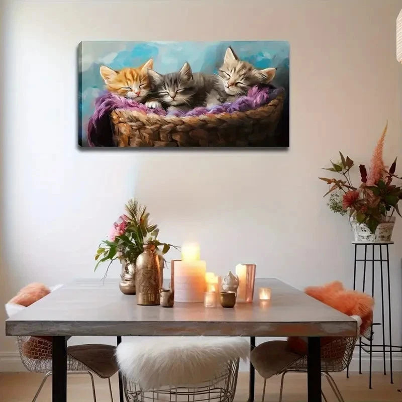 Sleeping Kittens Woven Basket Wall Art Canvas Office Home Room Framed 120x60cm - Bella Home Decor