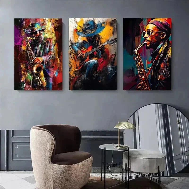 3pcs Vibrant Abstract Saxophone & Guitar Perfect Wall Art Set Canvas Framed 60x90cm - High Quality Print 100% Australian Made Wall Canvas Ready to Hang - Bella Home Decor