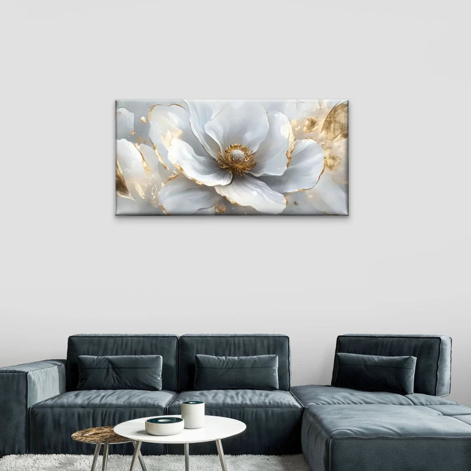 White Flowers Golden Leave Wall Art Canvas Office Home Room Framed 120x60cm