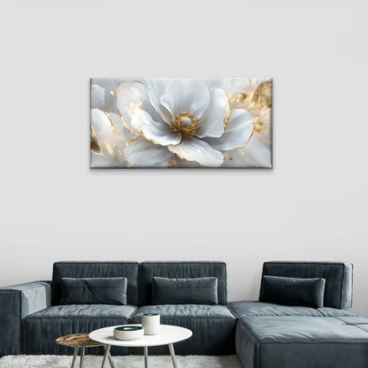 White Flowers Golden Leave Wall Art Canvas Office Home Room Framed 120x60cm