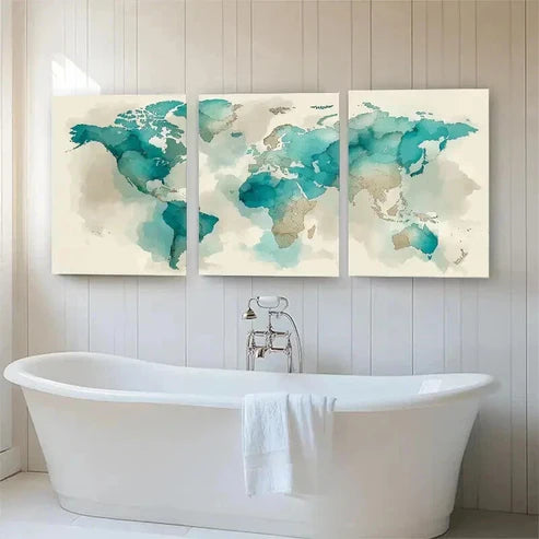 3pcs Abstract Global Map Beige Tones Perfect Wall Art Set Canvas Unframed - High Quality Print 100% Australian Made Wall Canvas - Bella Home Decor