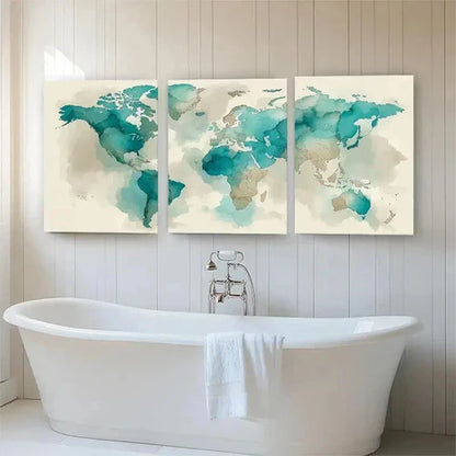 3pcs Abstract Global Map Beige Tones Perfect Wall Art Set Canvas Unframed - High Quality Print 100% Australian Made Wall Canvas - Bella Home Decor