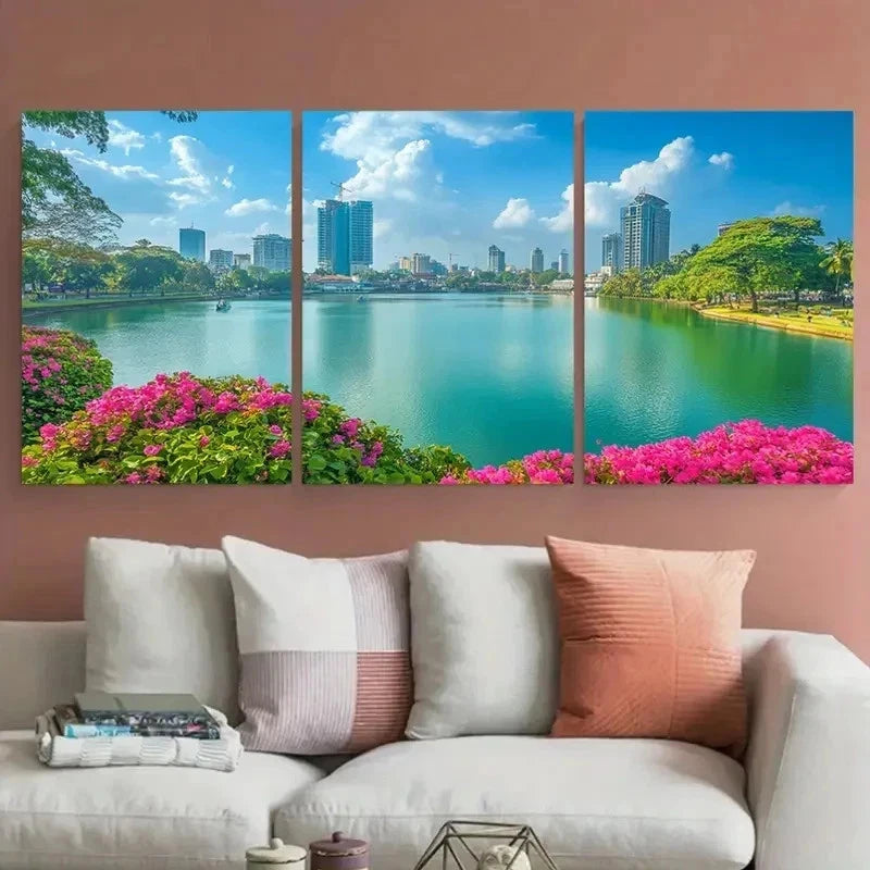 3pcs Pink Flowers Lush Greenery Colombo Perfect Wall Art Canvas Framed 60x90cm