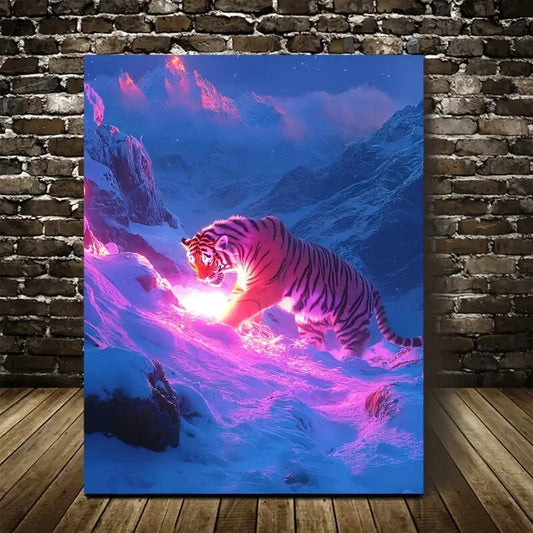 Stunning Neon Tiger in Snowy Mountain Fantasy Painting 40x60cm Metal Print Ready to Hang - Bella Home Decor