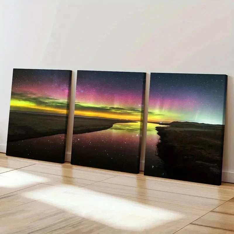 3pcs Natural Landscape Aurora Starry Sky Lake Wall Art Set Canvas Framed 50x70cm - High Quality Print 100% Australian Made Wall Canvas Ready to Hang