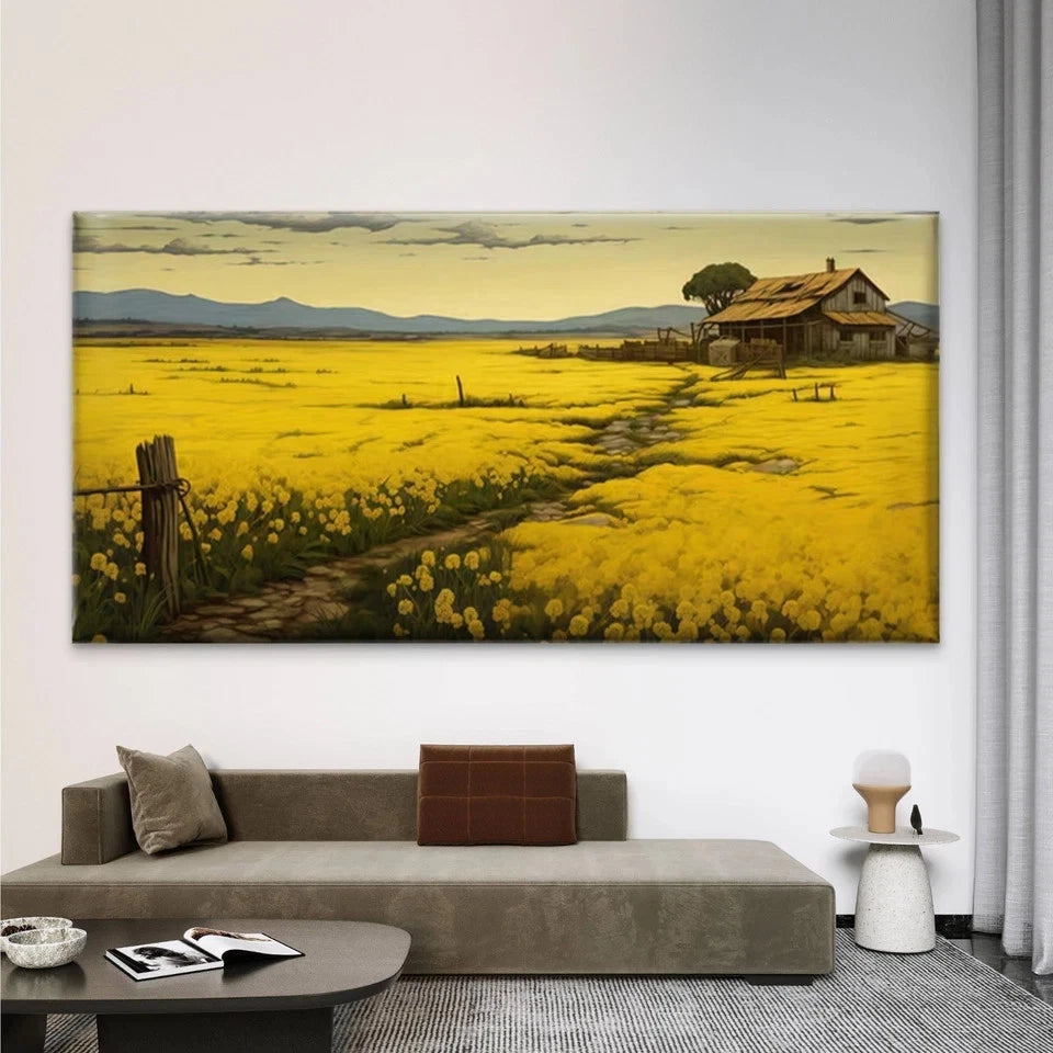 Flower Field & Rustic Farmhouse Wall Art Canvas Office Home Room Framed 120x60cm