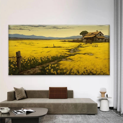 Flower Field & Rustic Farmhouse Wall Art Canvas Office Home Room Framed 120x60cm