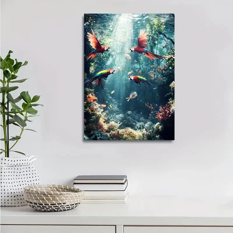 Fantasy Underwater Parrots & Coral Reef Painting 40x60cm Metal Print Ready to Hang - Bella Home Decor