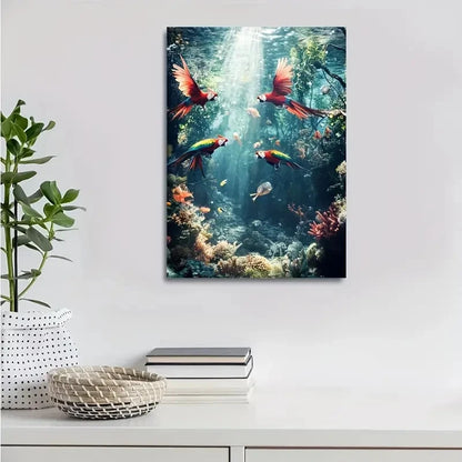 Fantasy Underwater Parrots & Coral Reef Painting 40x60cm Metal Print Ready to Hang - Bella Home Decor