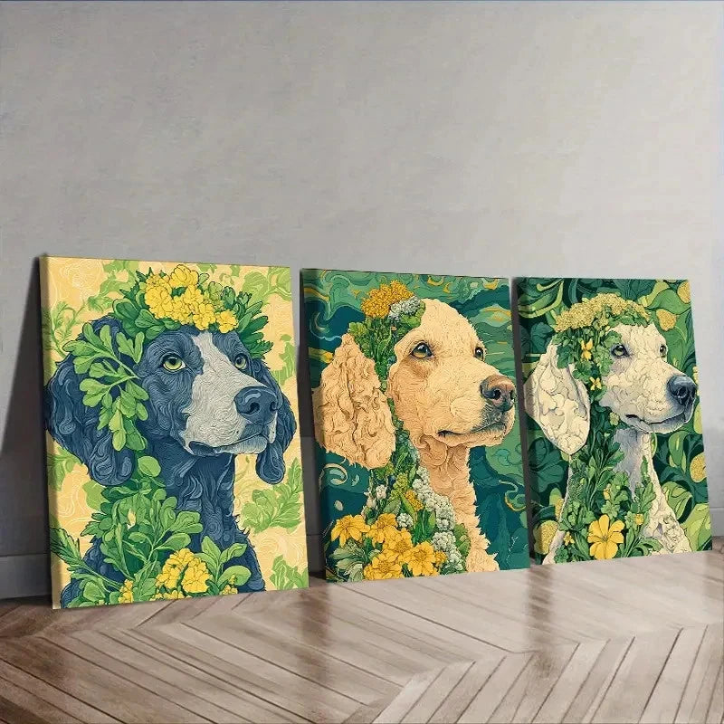 3pcs The puppy carries plants on its head Wall Art Set Canvas Framed 50x70cm - High Quality Print 100% Australian Made Wall Canvas Ready to Hang