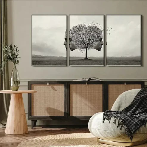 3 PCS Black & White Fantasy Surreal Tree And Faces Wall Art Set Canvas Unframed - High Quality Print 100% Australian Made Wall Canvas