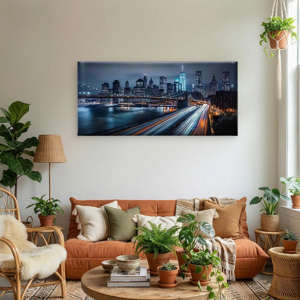 Midnight City Light Trails Wall Art Canvas Office Home Room Framed 120x60cm - Bella Home Decor