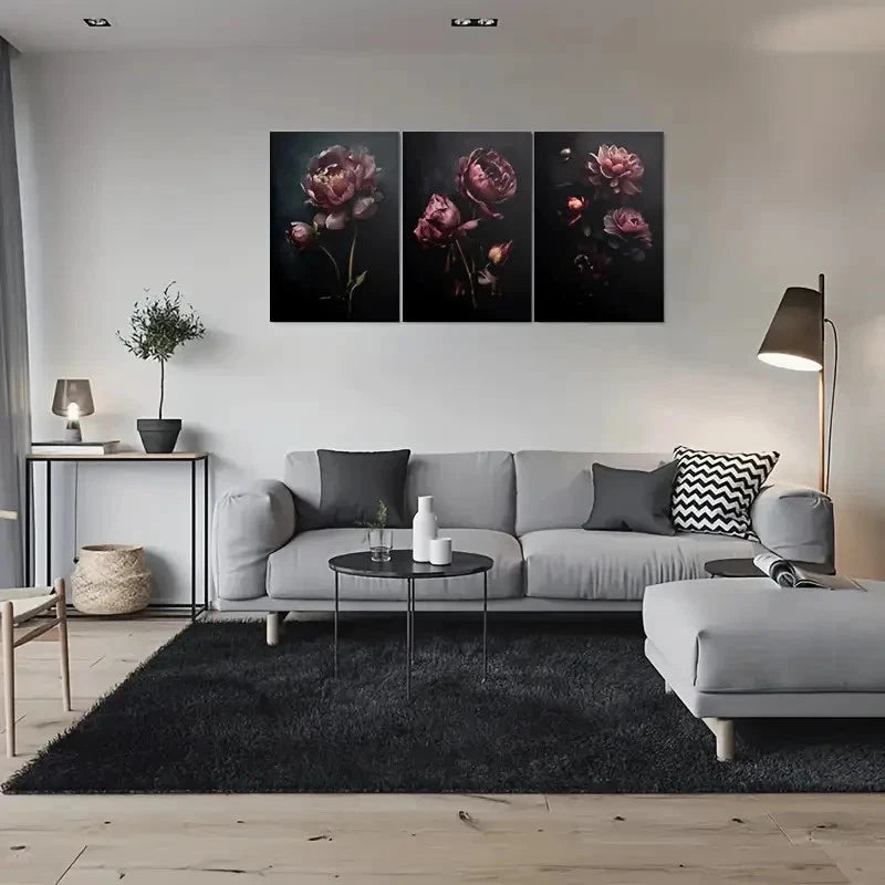 3pcs Dark Peony Triptych Painting Metal Print Ready to Hang Art - Bella Home Decor