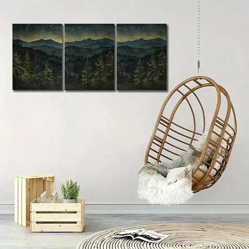 3pcs Dark Forest Mountain Range Triptych Wall Art Set Canvas Unframed - High Quality Print 100% Australian Made Wall Canvas - Bella Home Decor