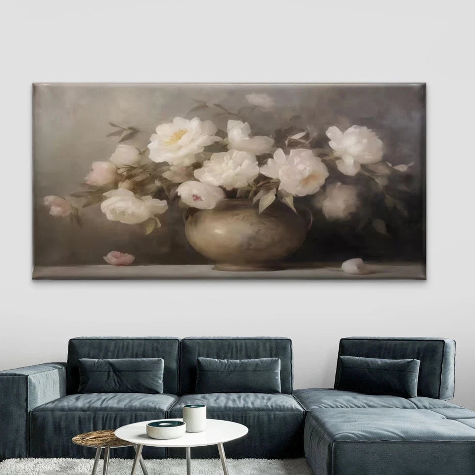 White Peony Flower Vase Wall Art Canvas Office Home Room Framed 120x60cm