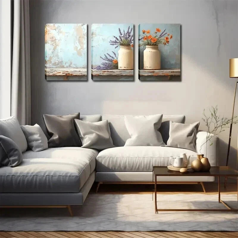 3pcs White Pots Lavender & Orange Flower Perfect Wall Art Set Canvas Framed 50x70cm - High Quality Print 100% Australian Made Wall Canvas Ready to Hang - Bella Home Decor